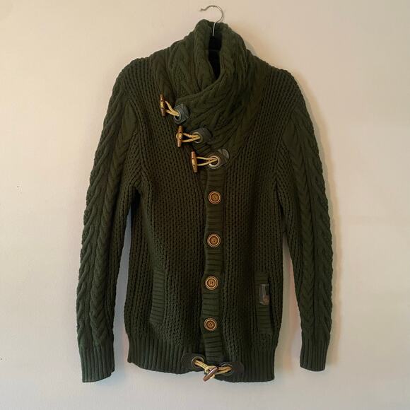 Leif Nelson Cardigan with Stand-Up Collar Forest Green Fisherman Irish Large - Picture 2 of 10